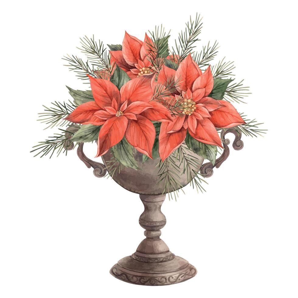 A bouquet of red poinsettia in a copper vase with fir branches. Watercolor illustration in vintage style. Drawing for the Christmas, New Year holidays 2025, invitations, cards, wrapping paper, decor. vector