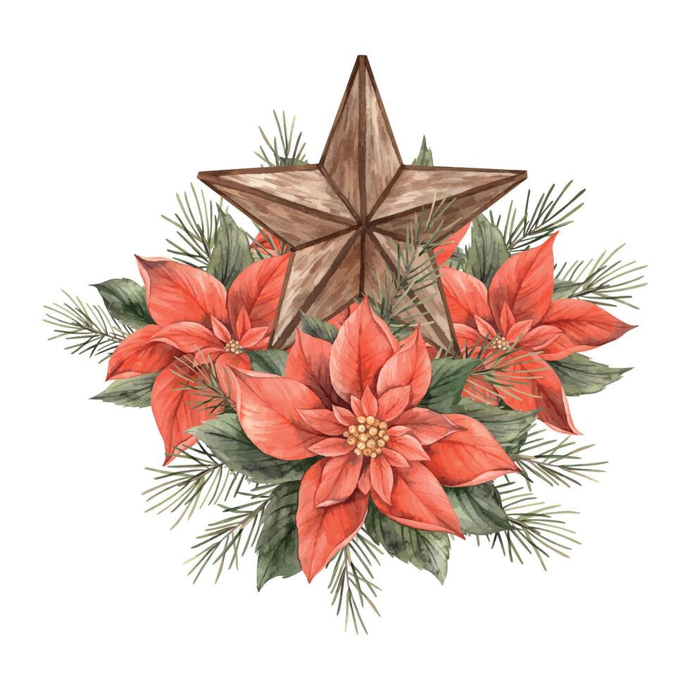 Poinsettia, fir branch, five-pointed copper star.Watercolor illustration in vintage style. Drawing for Christmas and New Year's holidays, invitations, cards, banners, wrapping paper, wallpaper, decor vector