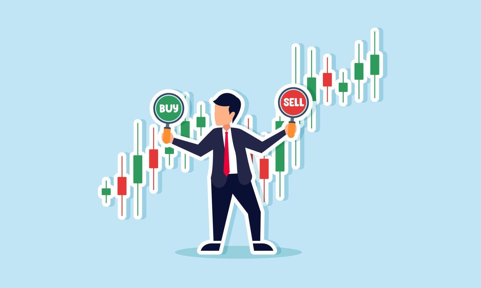 Stock and crypto trading investment, wealth management, financial decision making, concept of Businessman investment analyst holds buy sell sign with candlestick chart vector