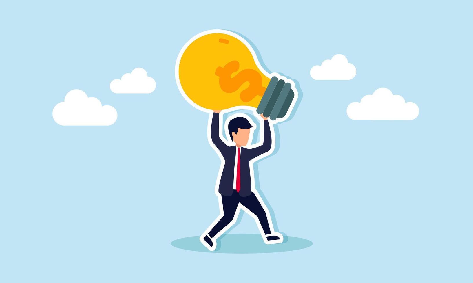 Earn profit from innovation or investment, leveraging creativity for financial growth, concept of Joyful entrepreneur holding illuminated idea bulb with currency symbol vector