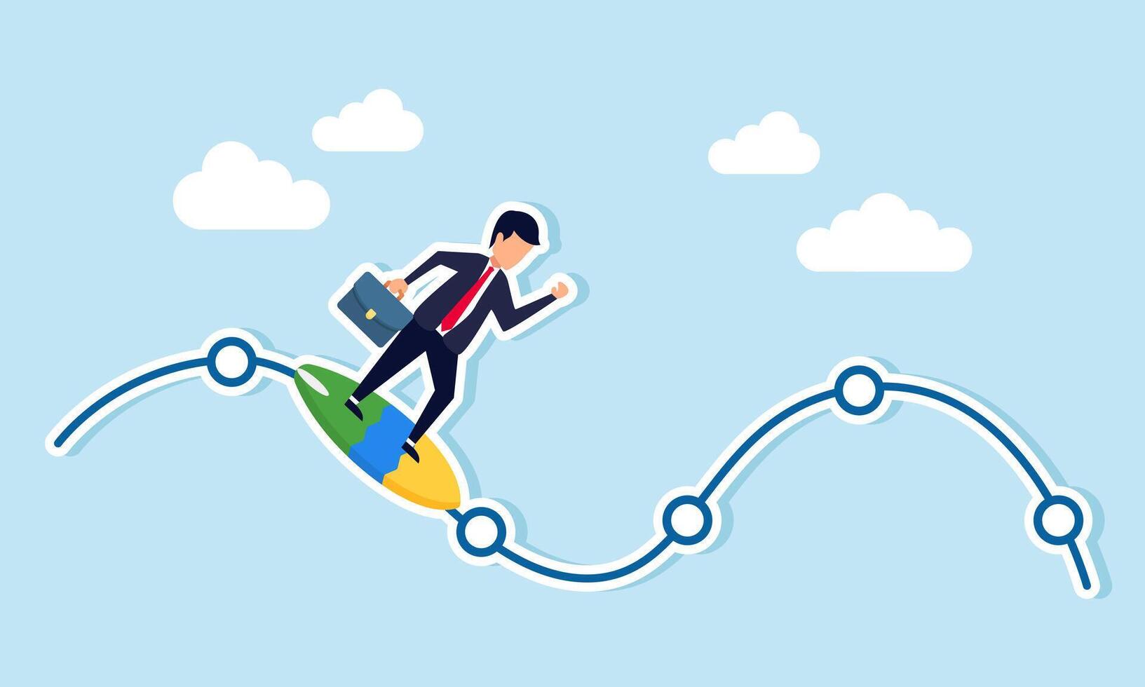 Navigate stock market volatility, expert guide through market fluctuations, downturns, and ups and downs, Confident businessman riding the waves of the stock market chart vector