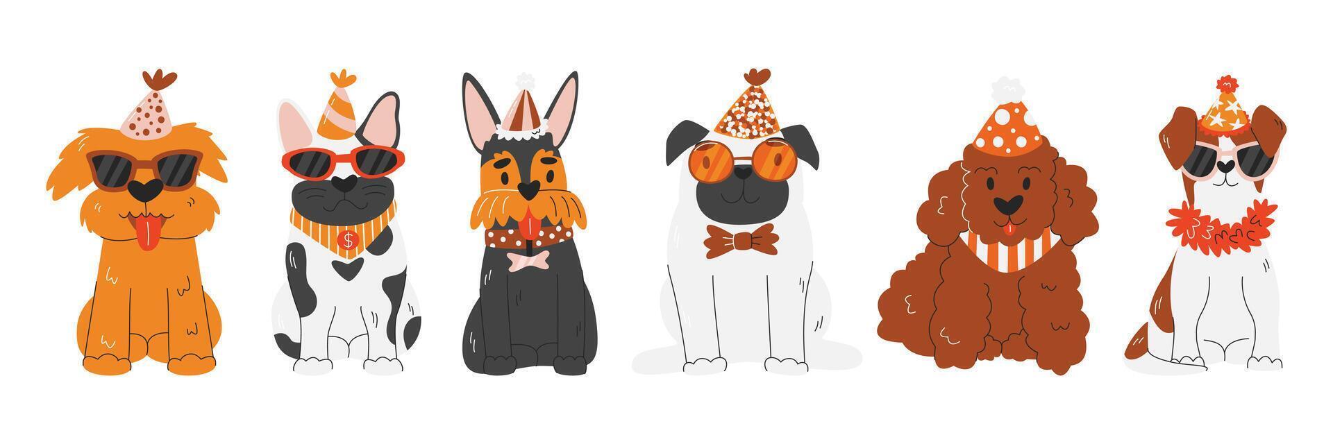 mascota fiesta linda diferente perro razas colocar. perrito cumpleaños celebracion concepto diseño. Doméstico animal caracteres con festivo accesorios. canino pata-ty hora mano dibujado plano ilustración aislado vector