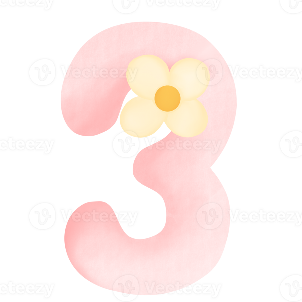 pink number 3 with flower on transparent background png