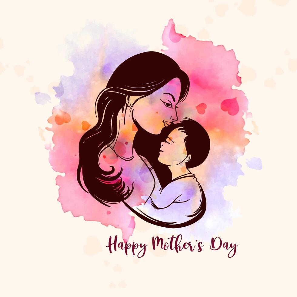 contento de la madre día saludo tarjeta con hermosa madre y niño diseño vector