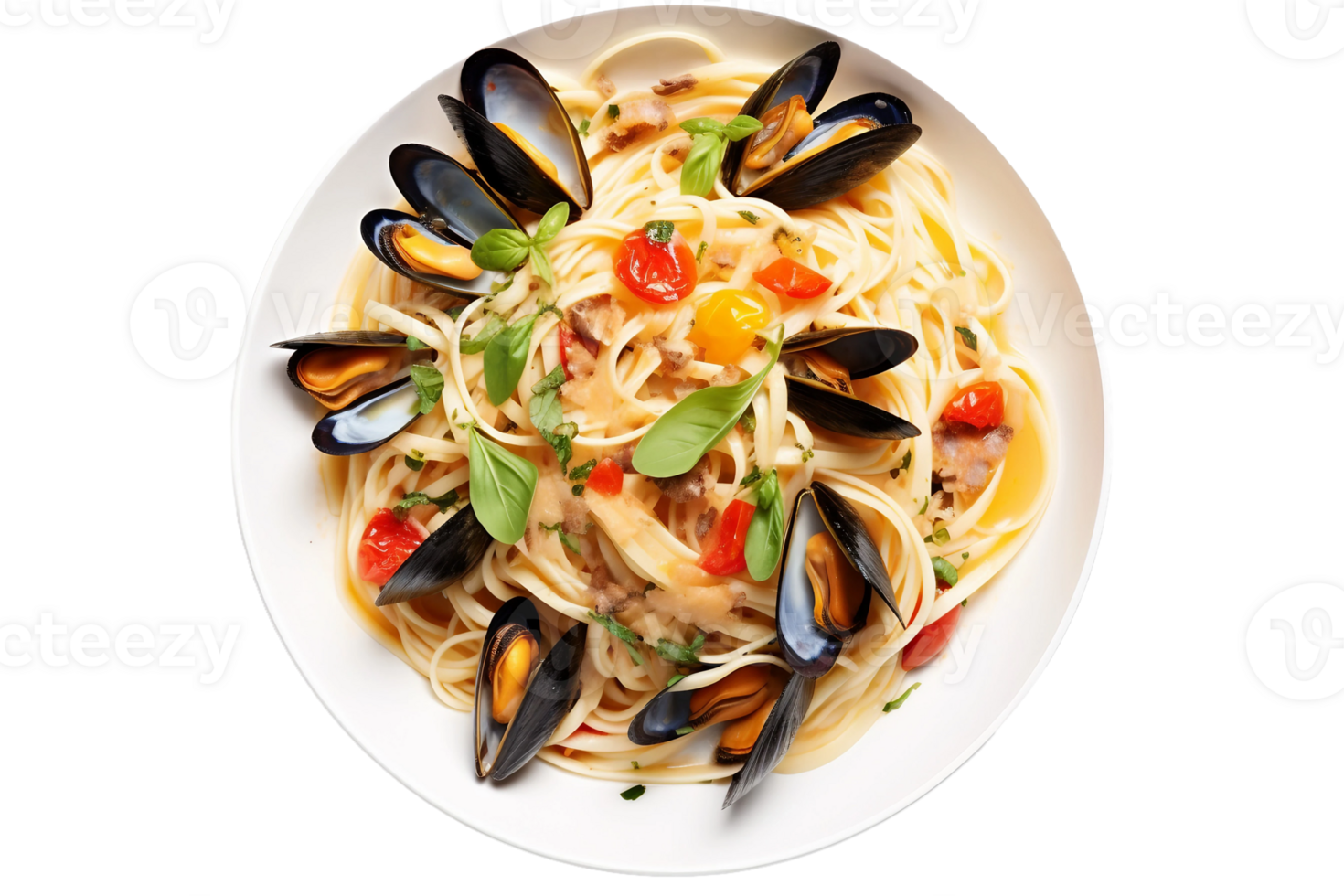 Seafood Pasta with Clams and Mussels on transparent background. png