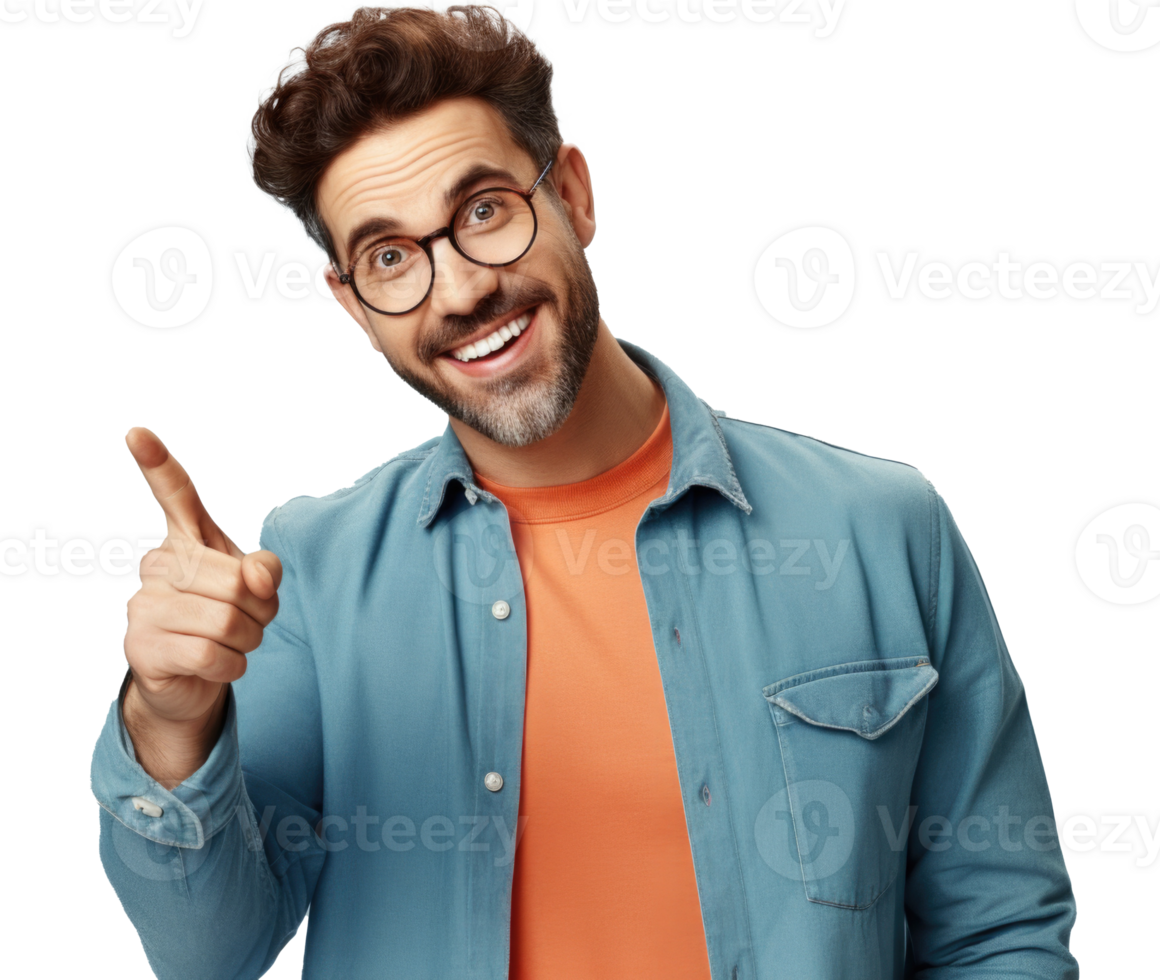 Cheerful man pointing finger left making pose for advertisement png