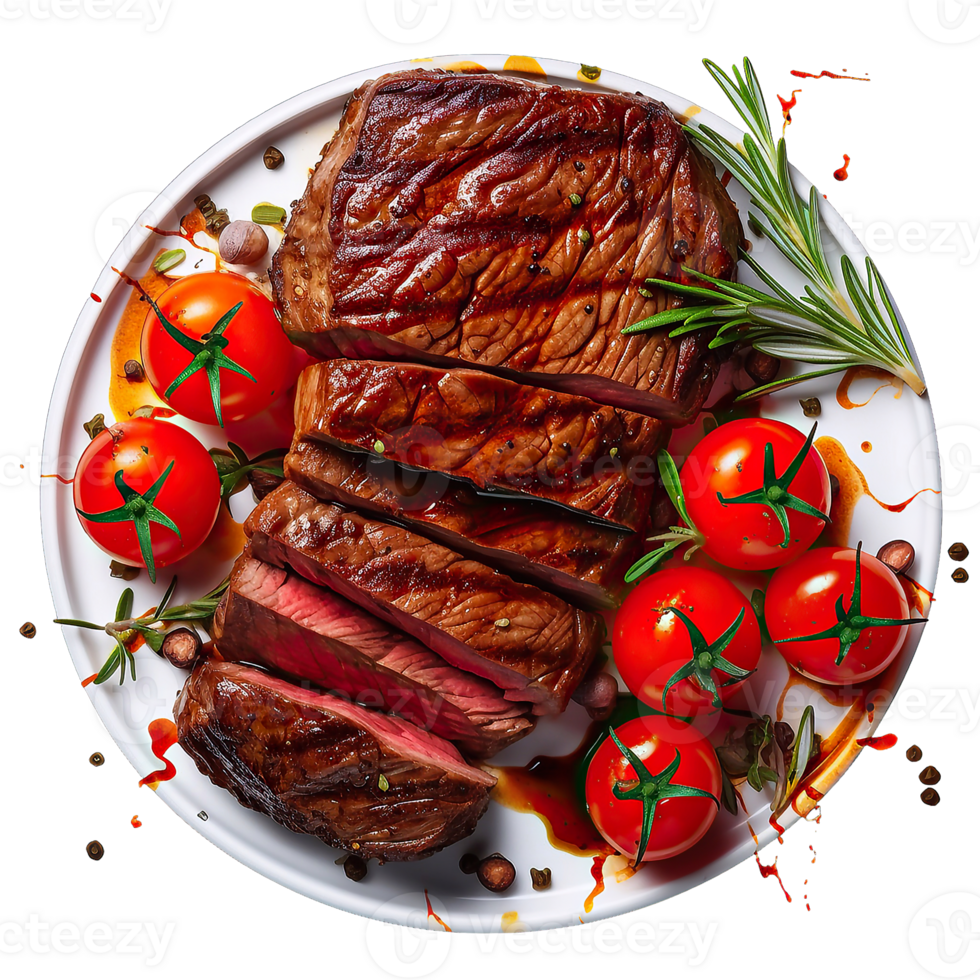 Grilled steak meat with tomatoes isolated on transparent background png