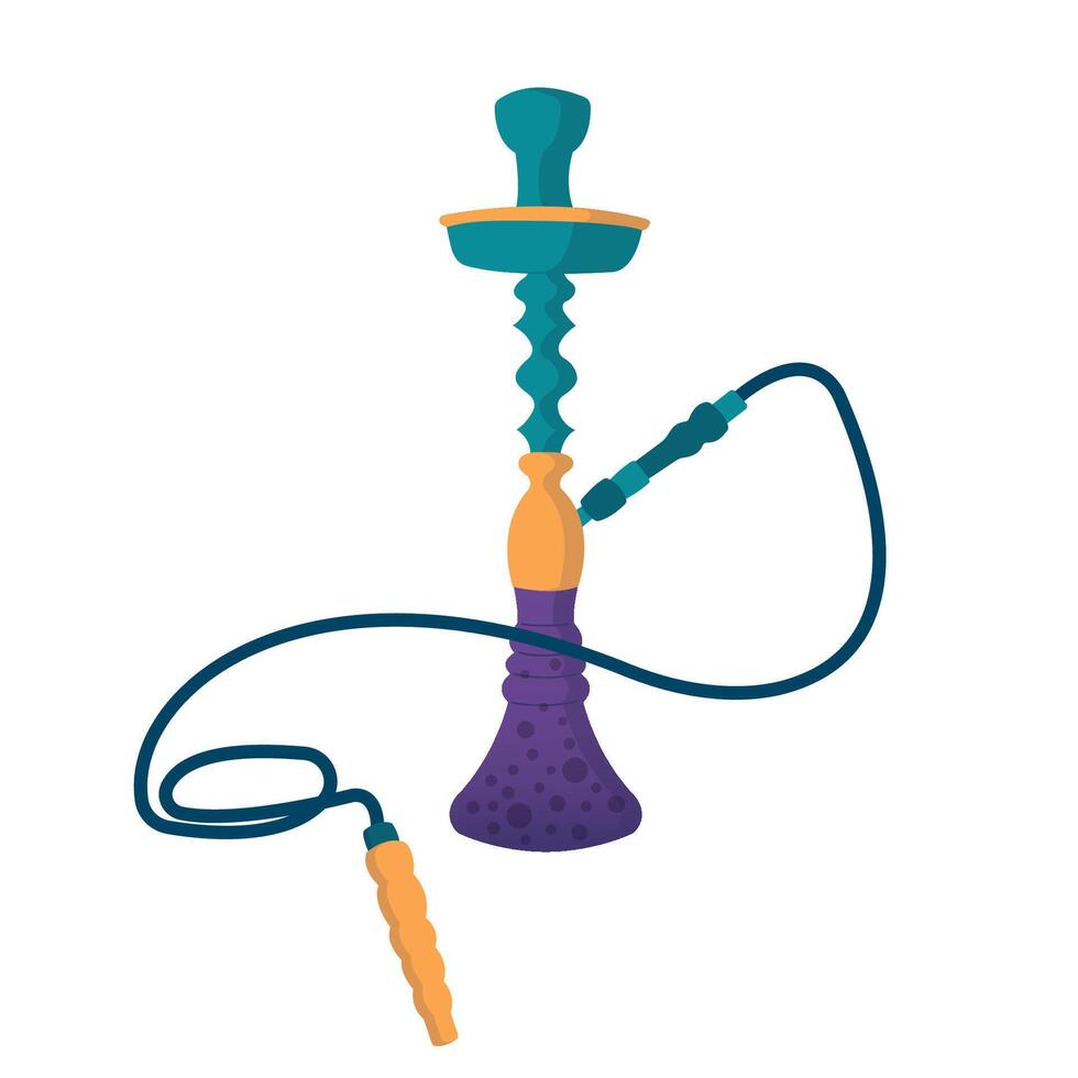 Hookah illustration. Cartoon blue hookah calabash with long pipe and purple glass bowl for water to smoke, traditional accessory for smoking in lounge bar. Isolated illustration. vector