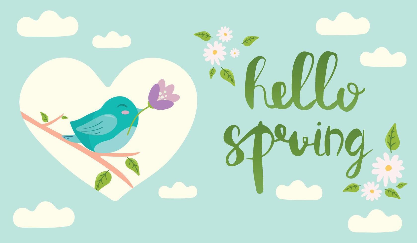 Hello Spring hand drawn illustration. Season lettering with bird holding and a flower. Poster in flat style. vector