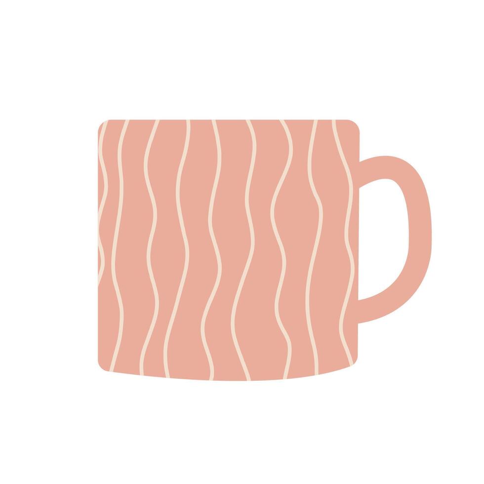 Simple modern cup decorated with lines flat illustration. Pink colored mug filling by beverages isolated. Cute trendy crockery with handle for drink. illustration in flat style. vector