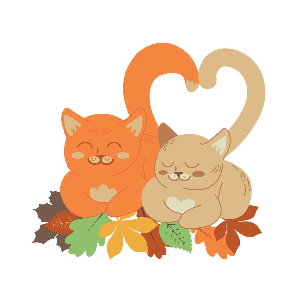linda gatos en amor en vistoso otoño hojas. Bienvenido otoño concepto. dibujos animados animal personaje para niños camisetas, guardería decoración, saludo tarjeta, invitación, casa interior. valores ilustración vector