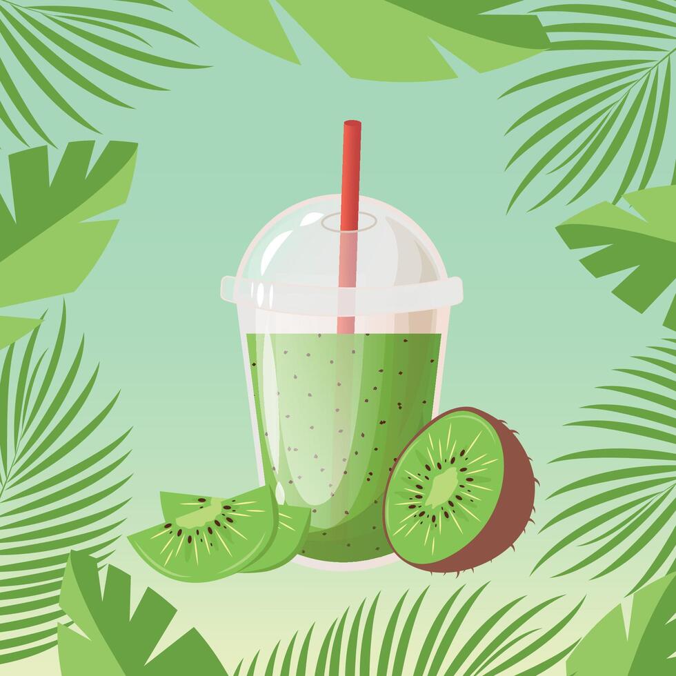 kiwi jugo o cóctel en el plastico taza con esfera Hazme gorra y cóctel tubo. Fresco exprimido jugo. sano orgánico alimento. ilustración en degradado antecedentes y marco con tropical hojas. vector