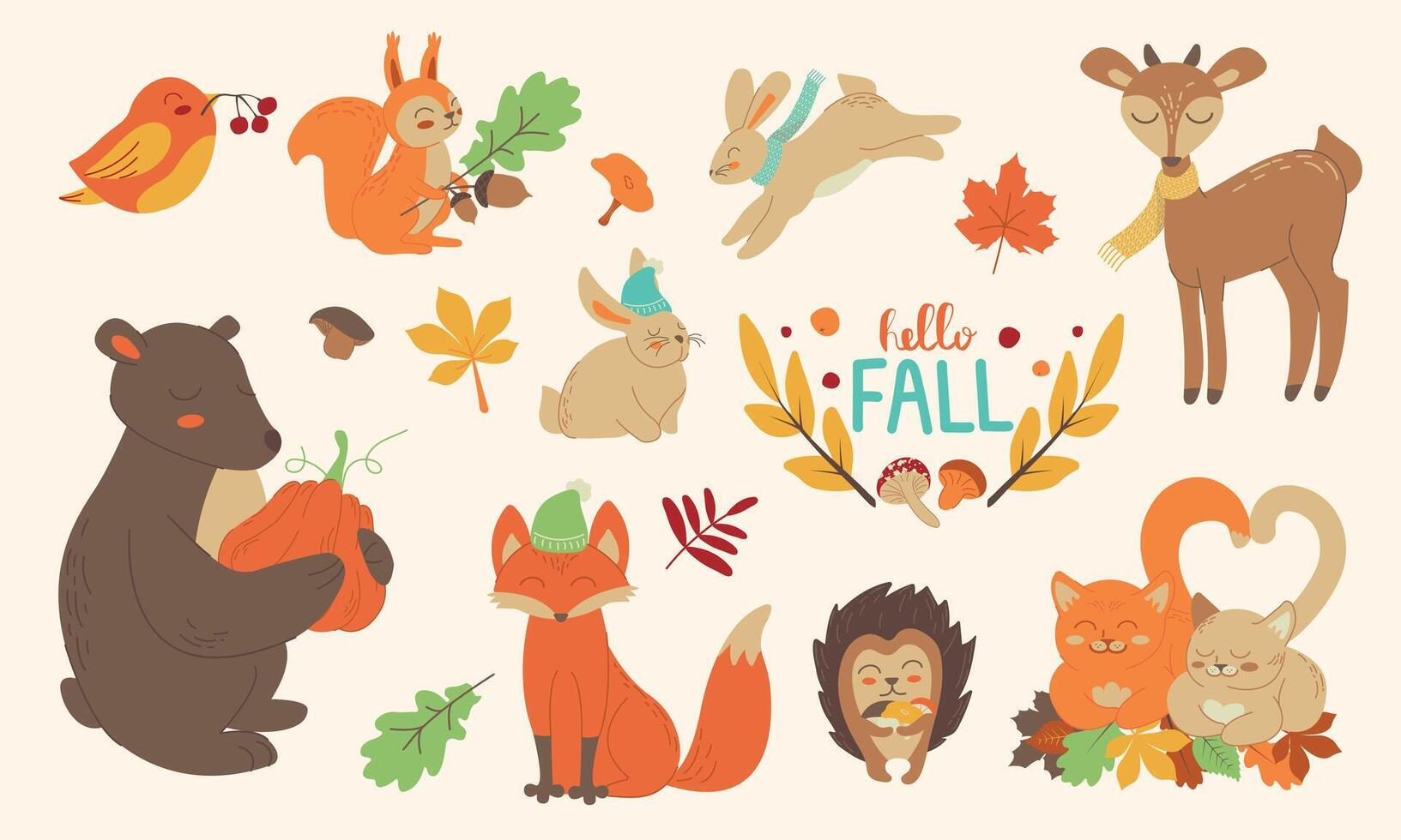 otoño colocar, bosque animales mano dibujado estilo. hongos, hojas, letras, comida para cosecha festival o acción de gracias día. linda otoño personajes - oso, zorro, erizo, ardilla. ilustración. vector