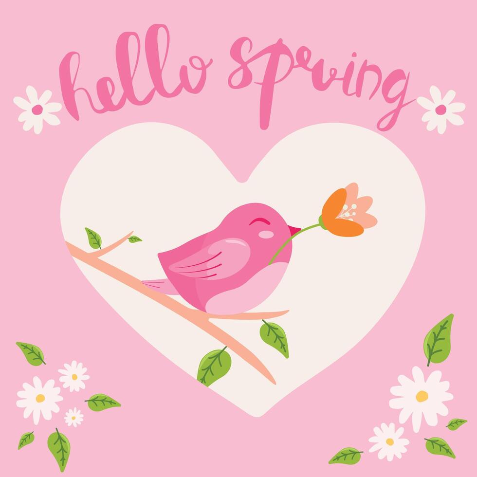 Hello Spring hand drawn illustration. Season lettering with bird holding and a flower. Poster in flat style. vector