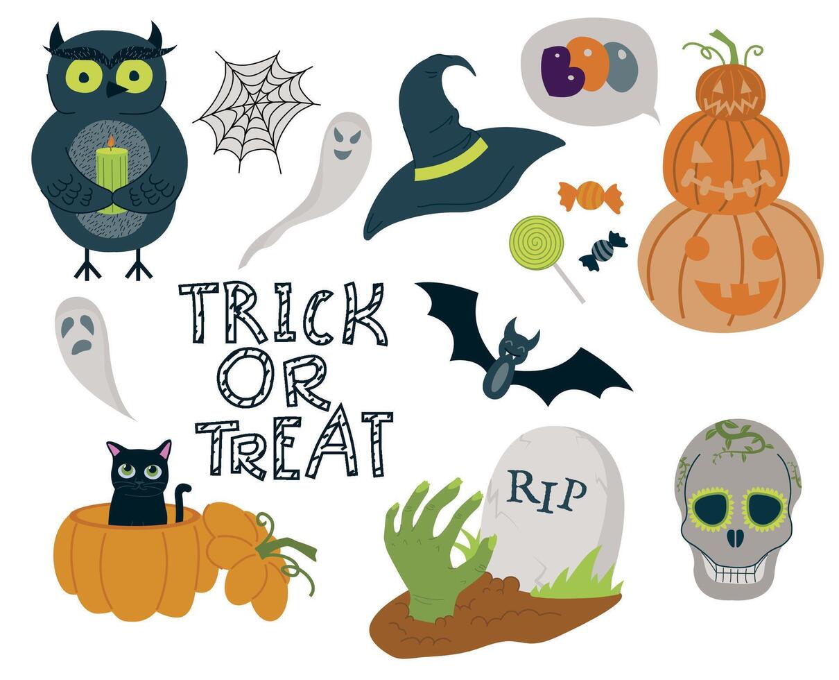 Set of Halloween elements. set of autumn elements with owl, web, hat, bat, pumpkins, ghosts, cat, zombie, skull and sweets. Trick or Treats lettering. collection. vector