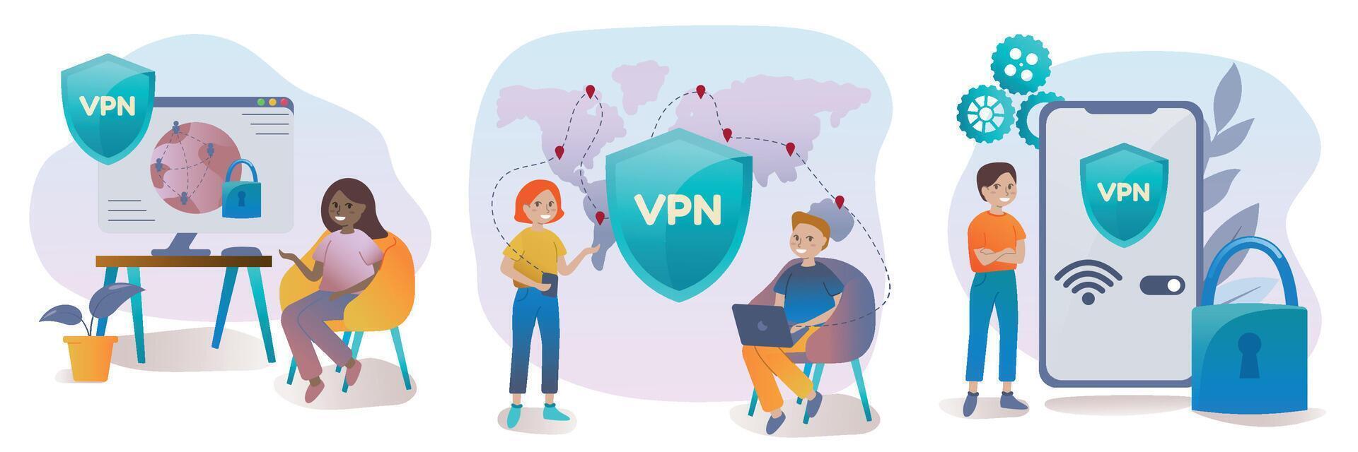 la seguridad cibernética y virtual privado red colocar. personas utilizando vpn para computadora, teléfono inteligente con vpn signo. los usuarios proteger personal datos con vpn servicio. ilustración en dibujos animados estilo. vector