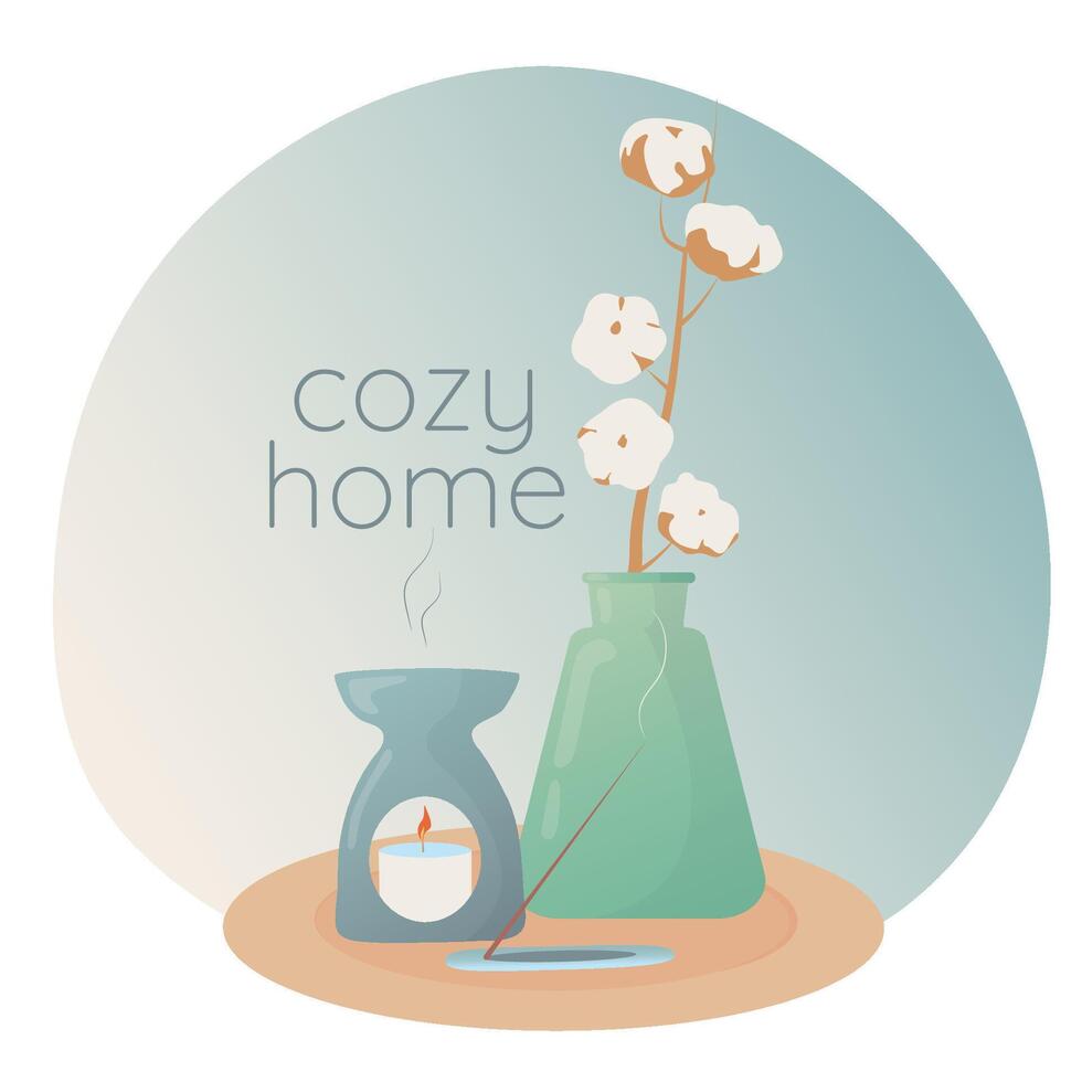 Cozy home elements, candle, home incense, aromatherapy, cotton in vase. Decorative design elements. Hand drawn illustration isolated on white background in modern trendy flat cartoon style. vector