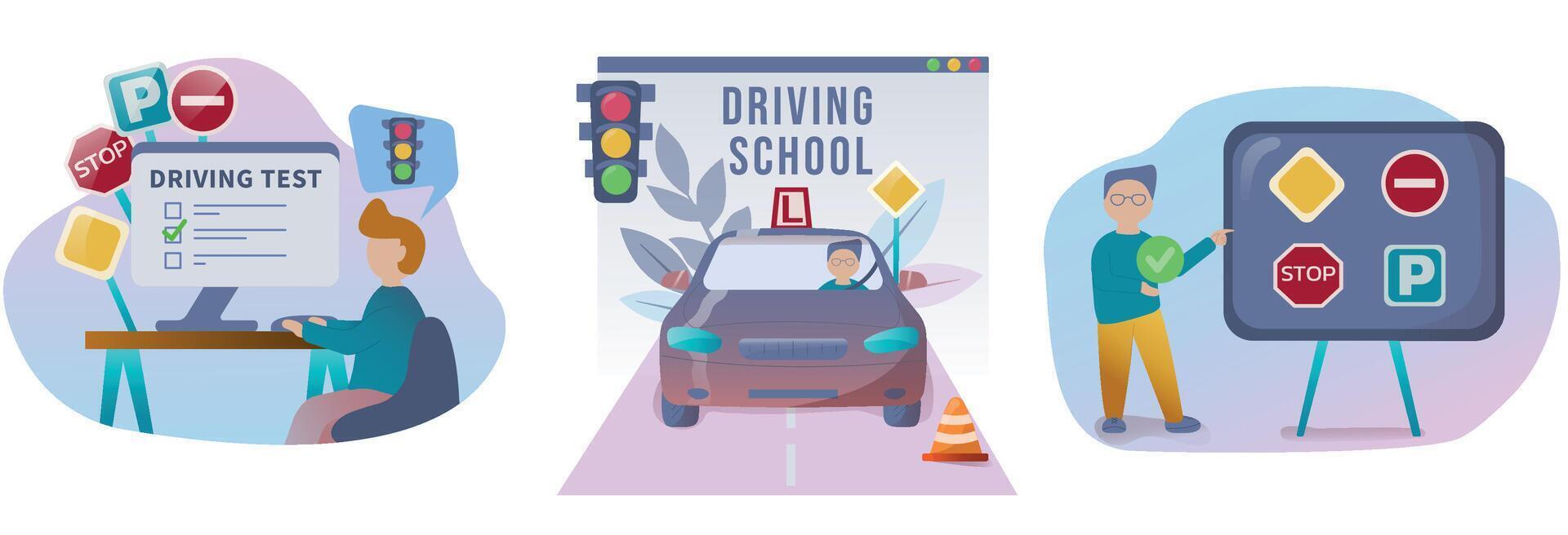 Driving lesson illustration set. People studying in driving school and passing exams. Traffic rules. Road signs. Education and drive lesson. Modern flat style. illustration on white background vector