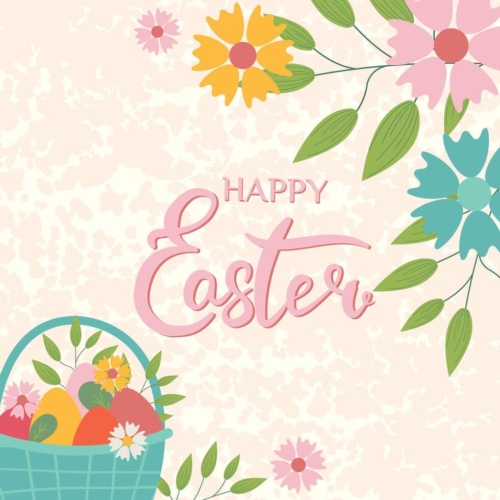 Happy Easter banner, poster, greeting card. Trendy Easter design with lettering, flowers, eggs, in pastel colors with texture on background. Flat illustration. vector