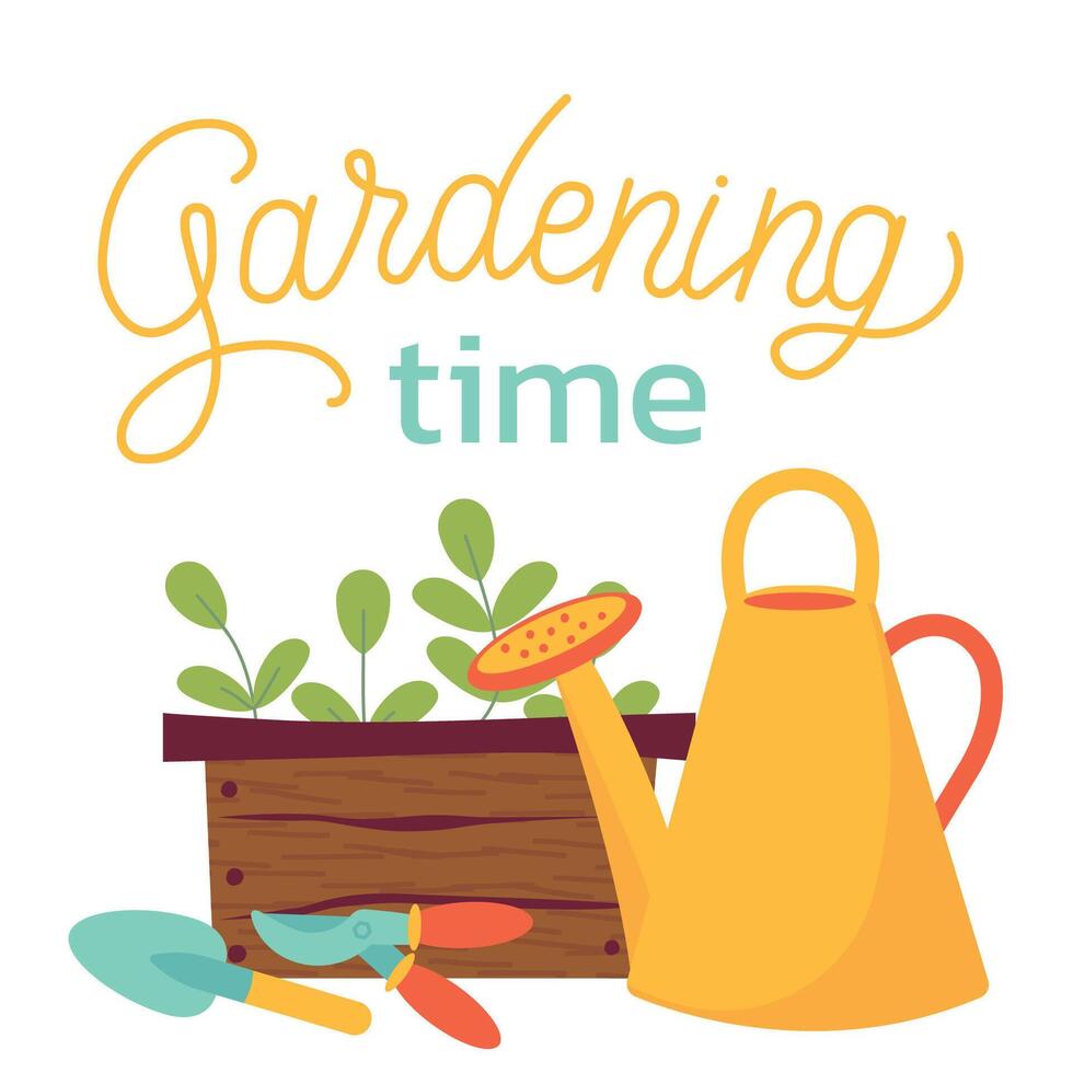 jardinería tiempo. jardín herramientas, riego poder, plantas, verduras, flores primavera jardinería concepto. ilustración en blanco antecedentes para póster, icono, tarjeta, logo, etiqueta vector