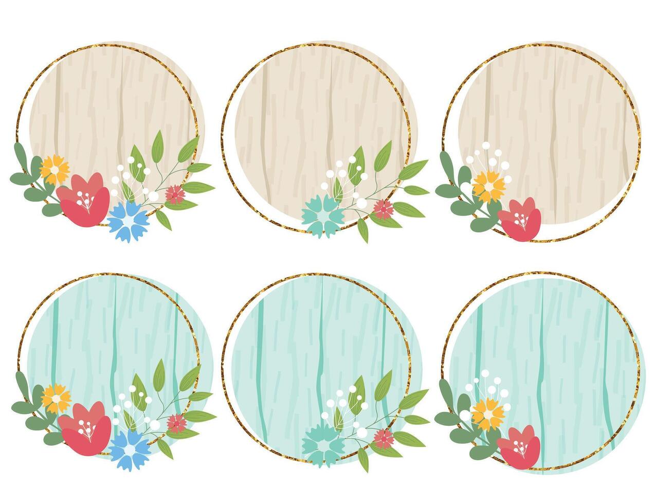 Wooden circle sign elements with flowers. wood board, frame, badge, label, shield, signboard collection. Brown and light blue background for your text. illustration. vector