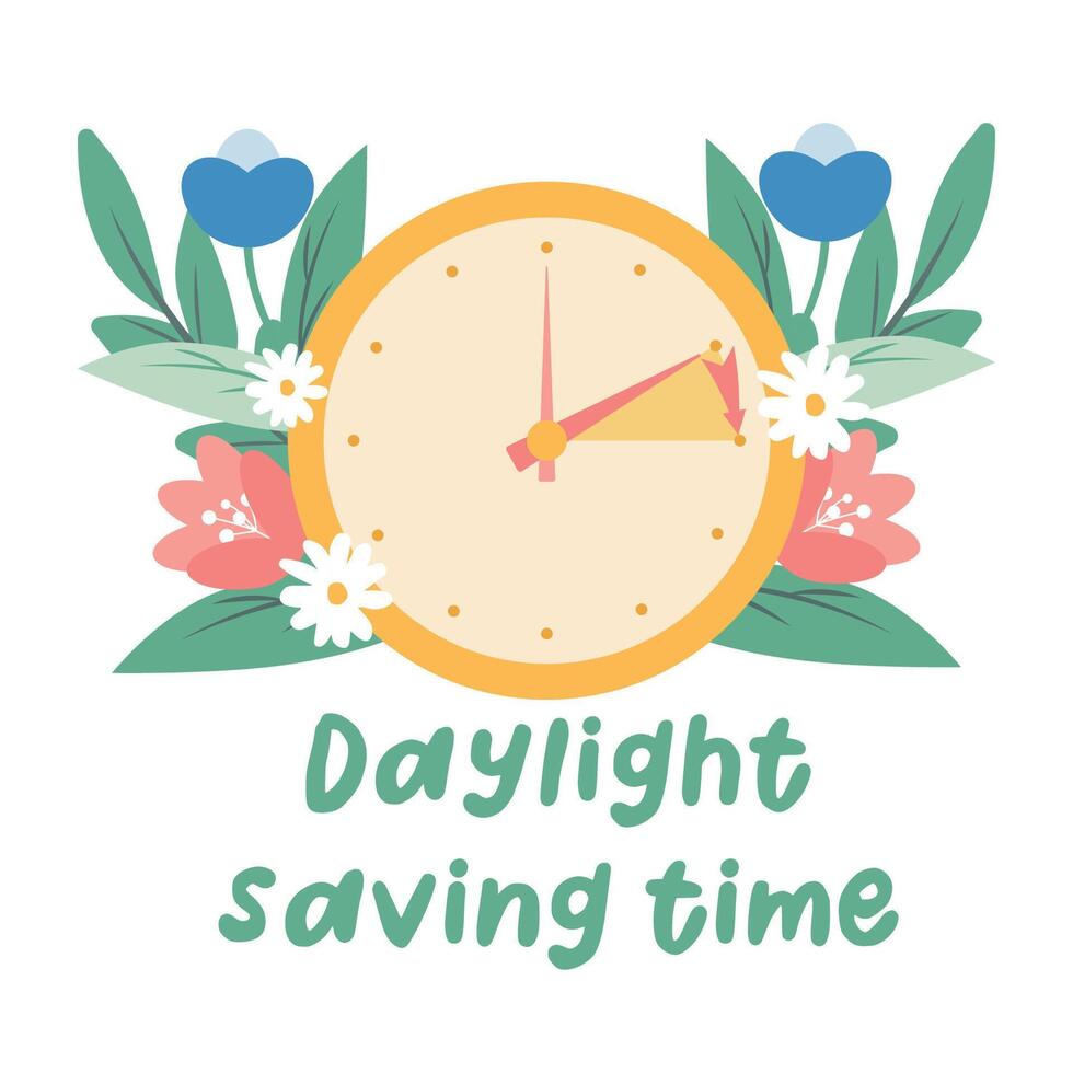 Spring forward concept in flat style, change clock forward one hour, Daylight Saving Time web reminder banner. Clocks with arrow hand turning forward an hour. Minimalist aesthetic web banner. vector