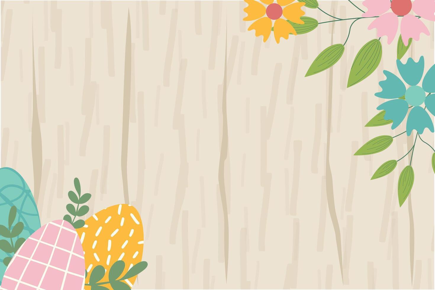 Easter background for banner, template. Trendy Easter design with flowers, basket of easter eggs, in pastel colors with texture on wooden background. Flat illustration. vector