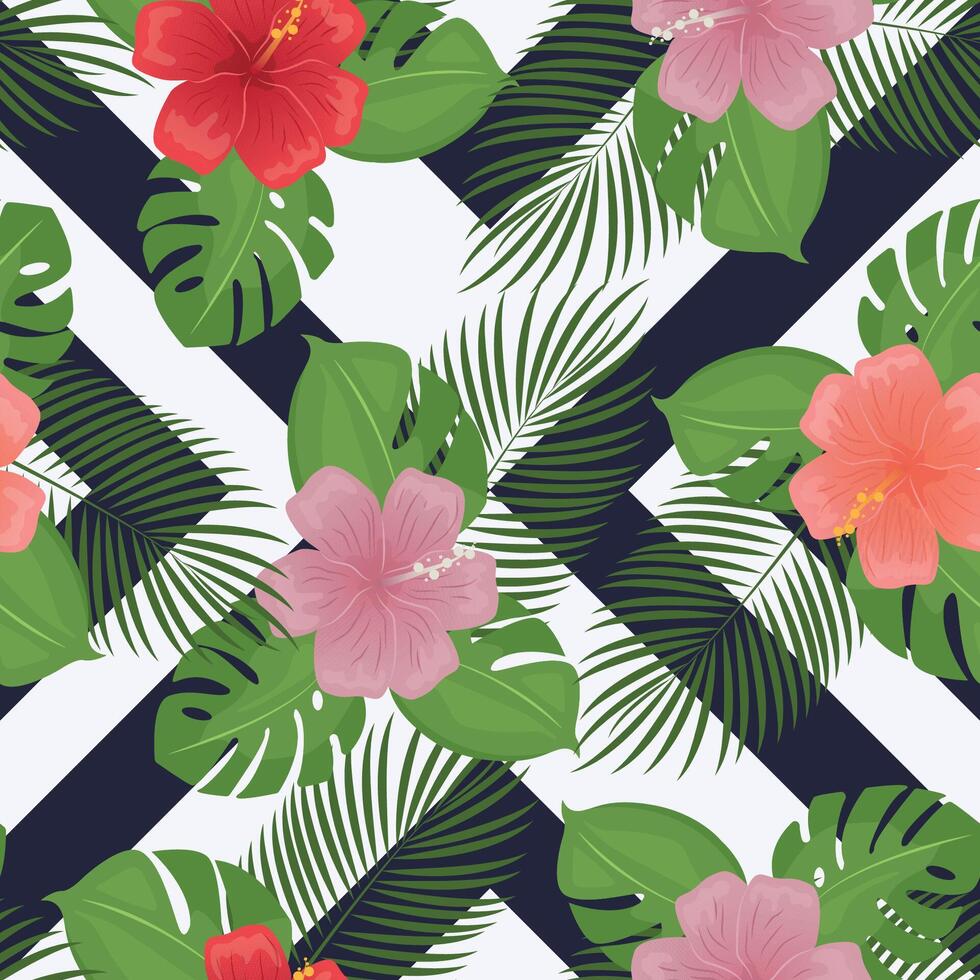 Beautiful seamless Summer Vacation pattern on black and white background. Summer plants, hand drawn style, Design for fashion, fabric, textile, and prints. Seamless pattern in swatches vector