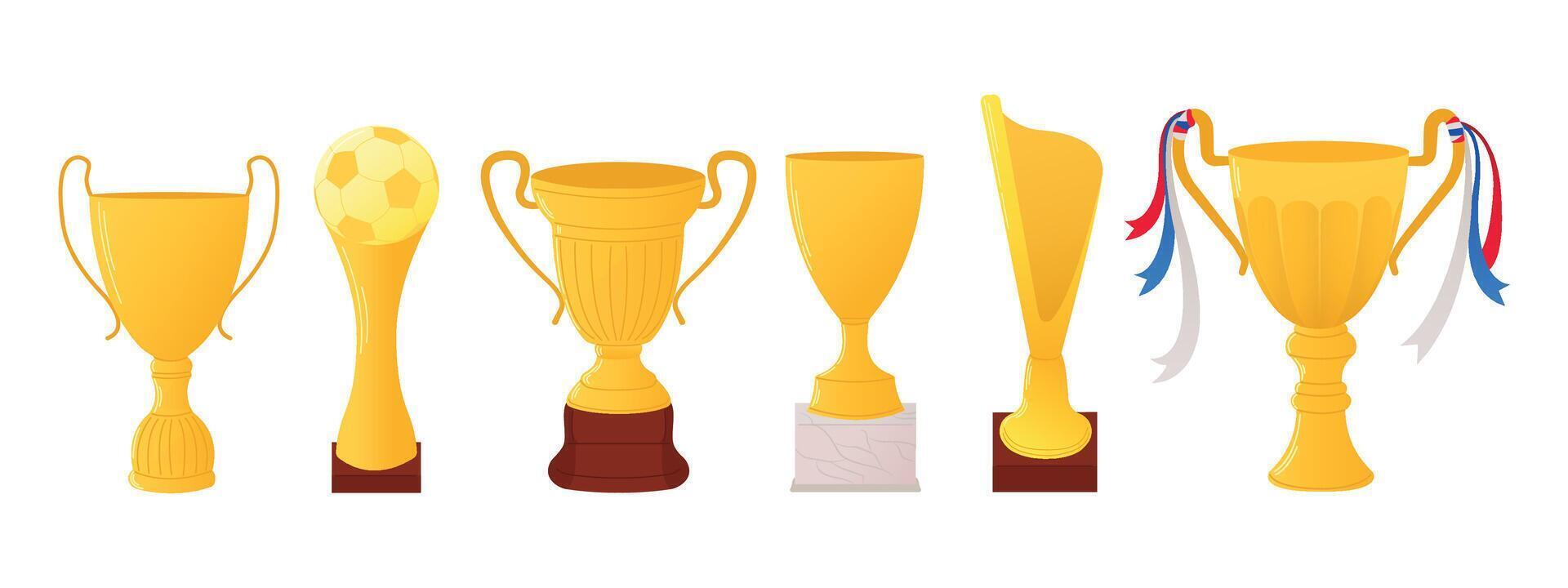 conjunto de ganadores trofeo íconos aislado en blanco antecedentes. dorado trofeo como símbolo de victoria en Deportes evento. ilustración para póster, icono, tarjeta, logo, bandera o pegatina. vector