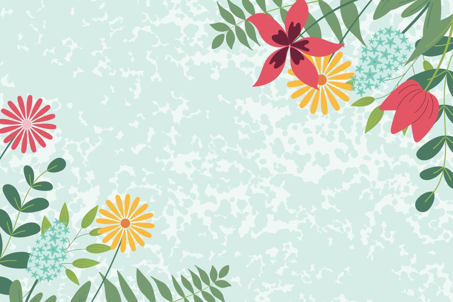 Hand sketched background, illustration. Borders with leaves and flowers on corners for greeting card, invitation template on texture background. Retro, vintage banner, poster, background. vector