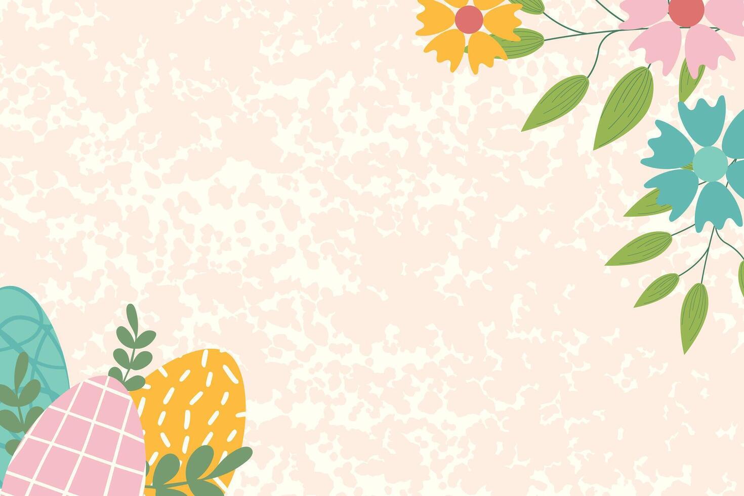 Easter background for banner, template. Trendy Easter design with flowers, eggs, in pastel colors with texture on background. Flat illustration. vector