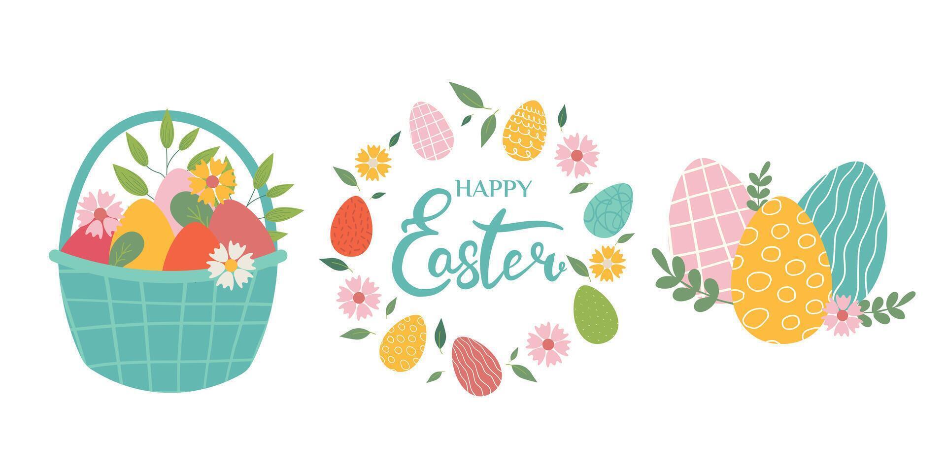 Collection of Easter elements - basket with eggs, wreath, Easter eggs. Flat Illustration in pastel colors isolated on white background for for poster, icon, card, logo, label. vector
