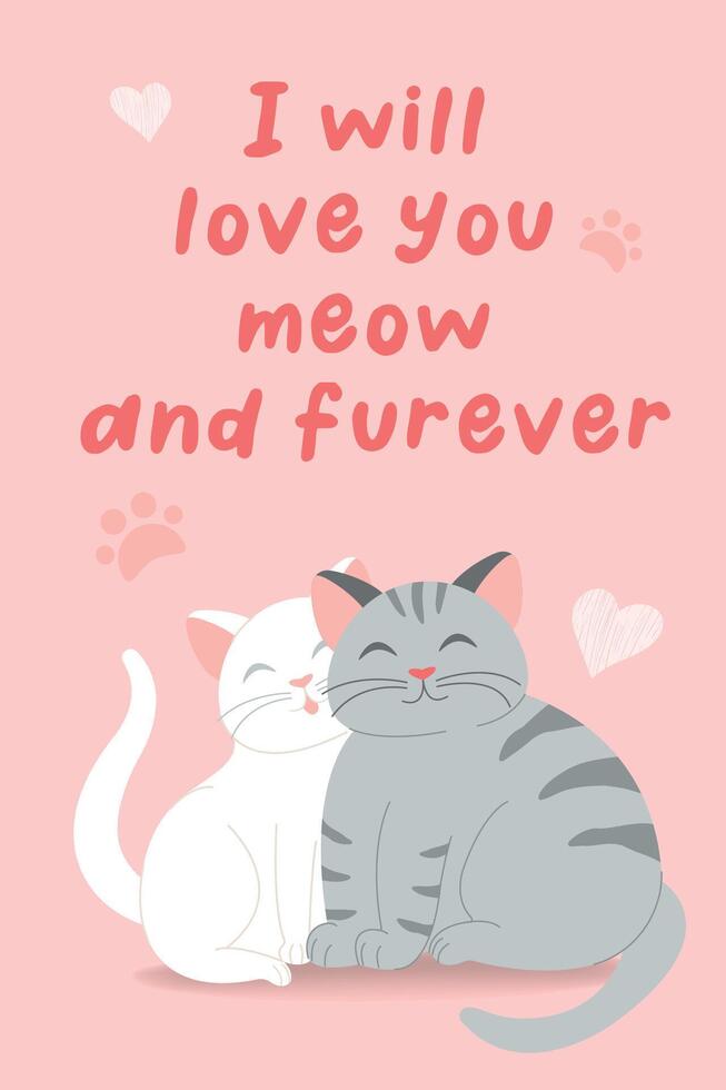 illustration character design couple love of cats. Illustration for Valentine day, wedding. Doodle cartoon style. Funny lettering about love. Illustration for poster, card, invitation, banner. vector
