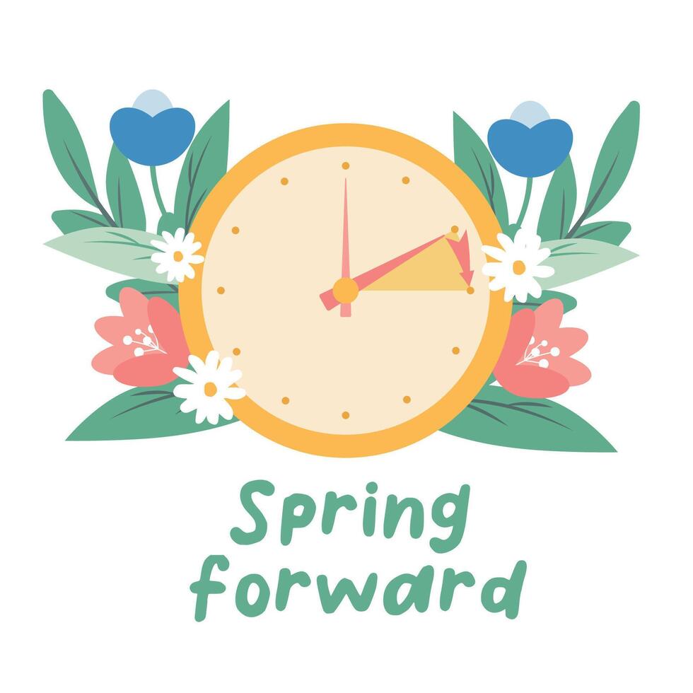 Spring forward concept in flat style, change clock forward one hour, Daylight Saving Time web reminder banner. Clocks with arrow hand turning forward an hour. Minimalist aesthetic web banner. vector