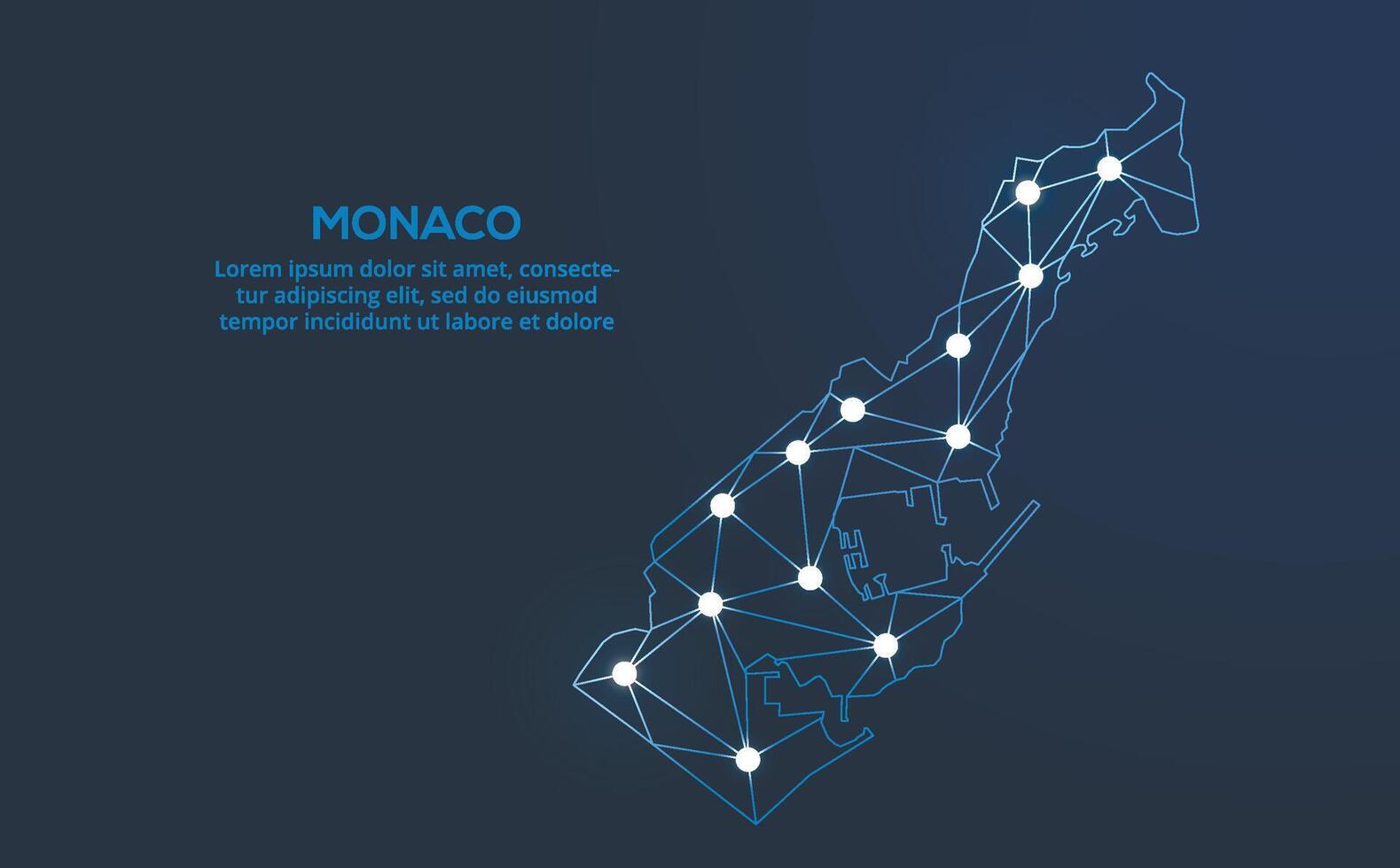 Monaco communication network map. low poly image of a global map with lights in the form of cities. Map in the form of a constellation, mute and stars vector