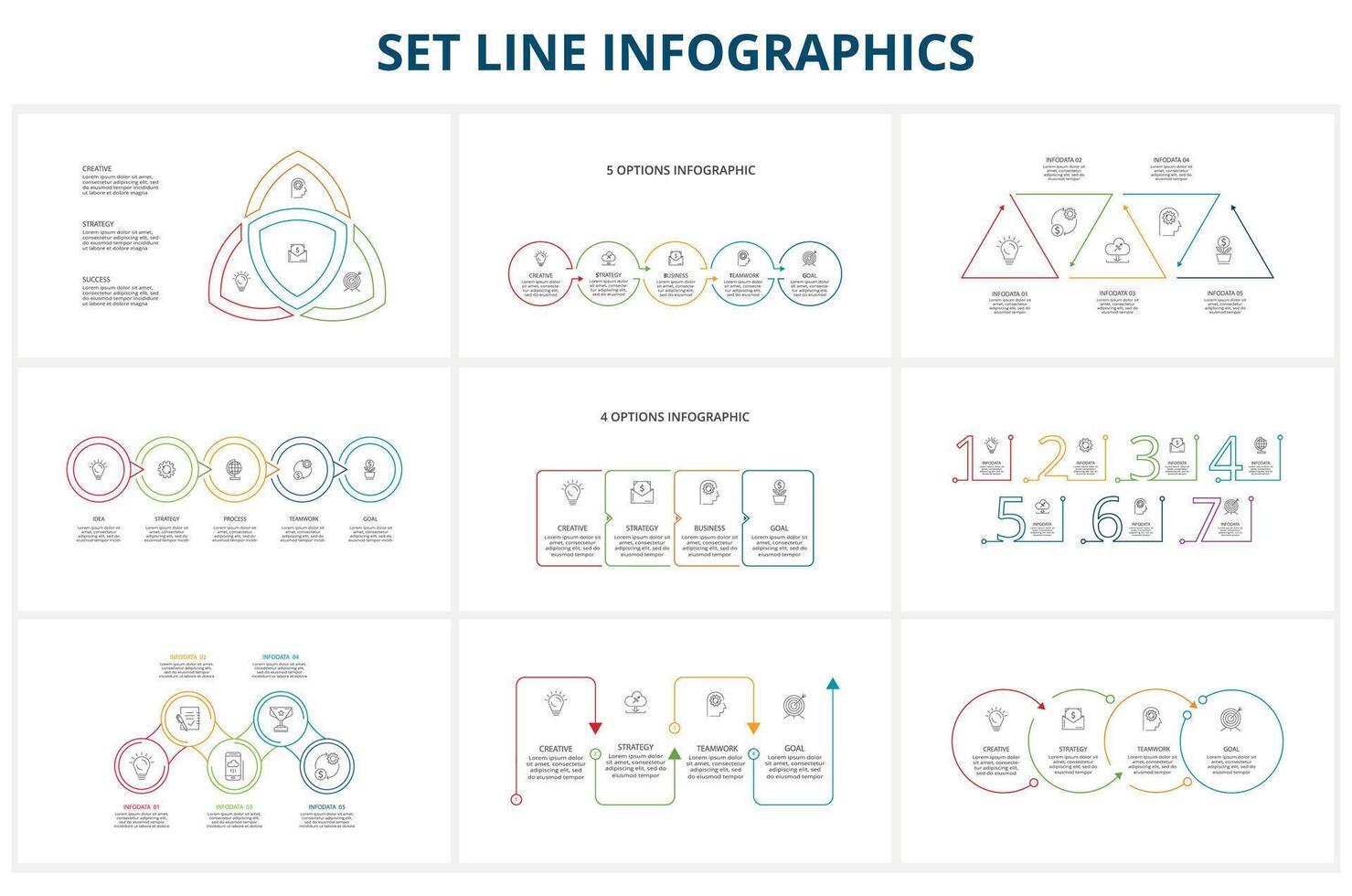 Set Line Infographics. Templates for growth chart, graph, presentation, chart. Business startup concept vector