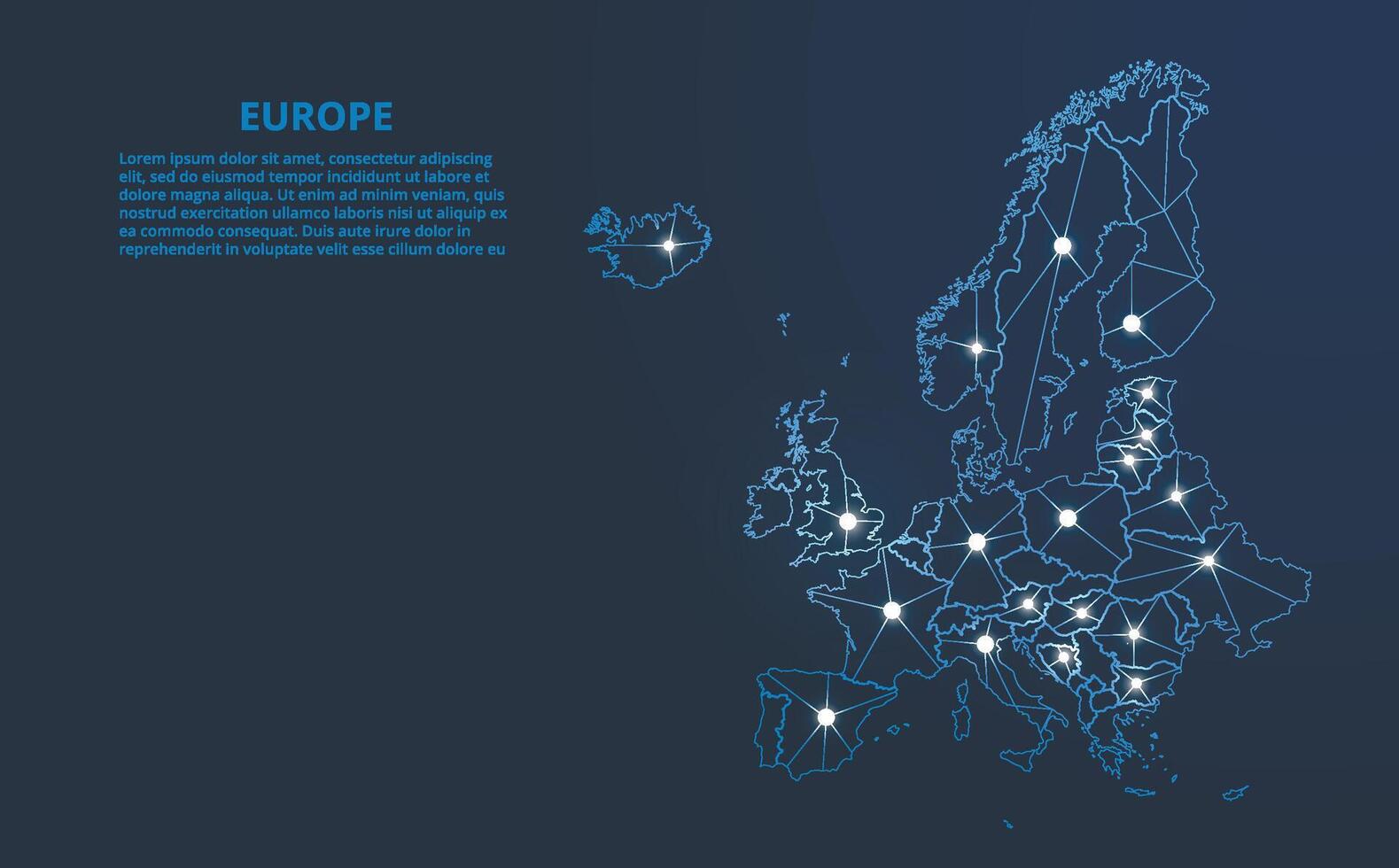 Europa comunicación red mapa. bajo escuela politécnica imagen de un global mapa con luces en el formar de ciudades mapa en el formar de un constelación, mudo y estrellas vector