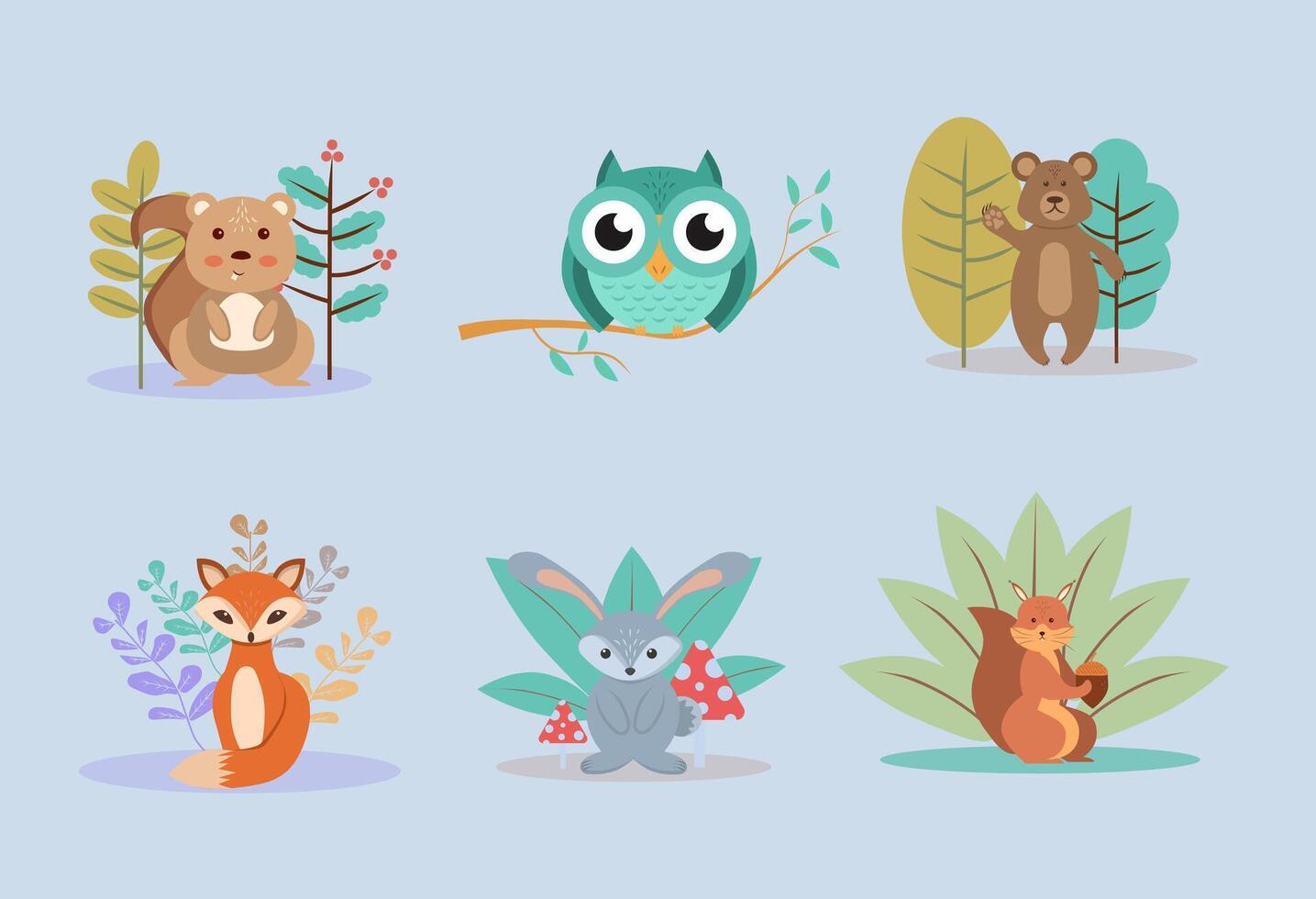 Animals badger, squirrel, owl, bear, fox and hare. Colorful illustration vector