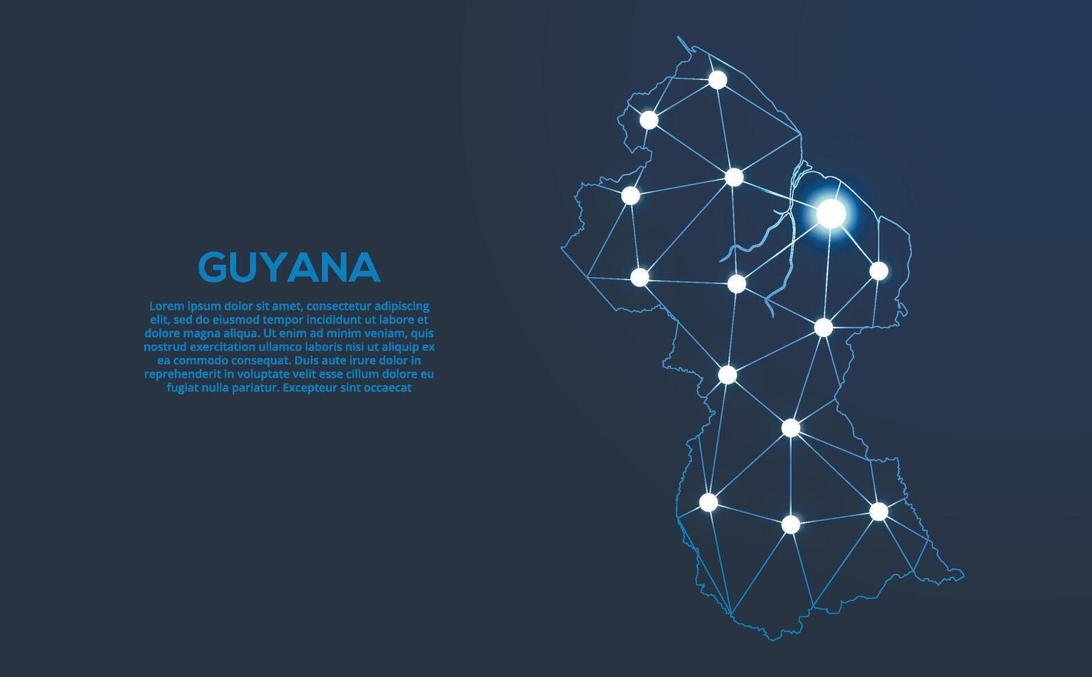 Guyana communication network map. low poly image of a global map with lights in the form of cities. Map in the form of a constellation, mute and stars vector