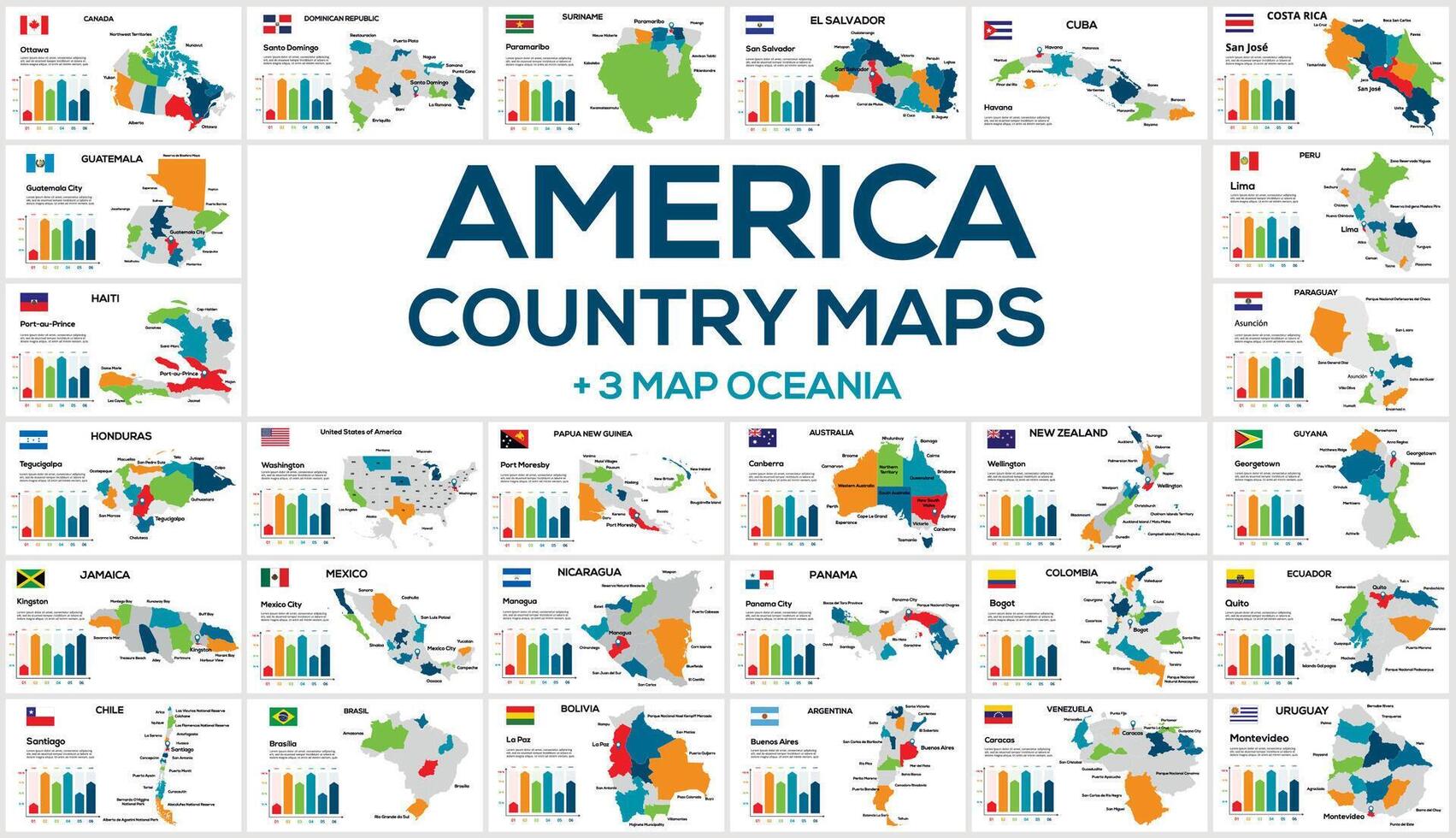 Set of maps of the countries of America. Image of global maps in the form of regions regions of America countries. Flags of countries. Timeline infographic. Easy to edit vector