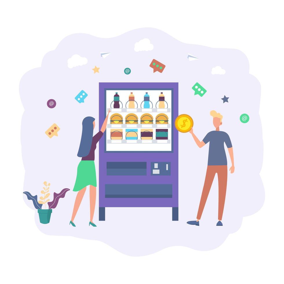 Vending machine, quick breakfast, food cooker, healthy snacks, food, coffee machine. Colorful illustration vector