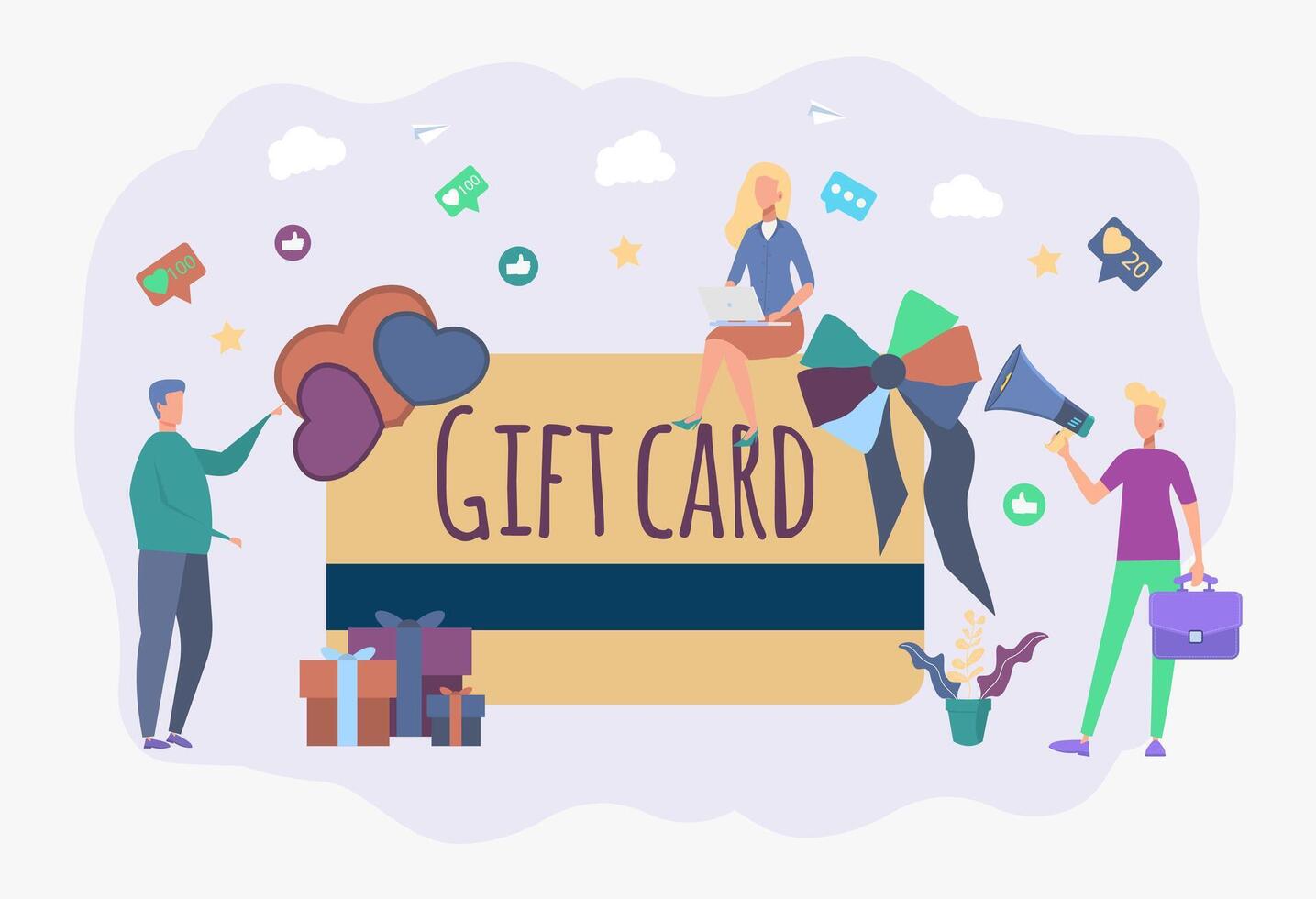 Gift card, gift voucher, discount coupon and gift voucher concept. People give presents. Colorful illustration. vector