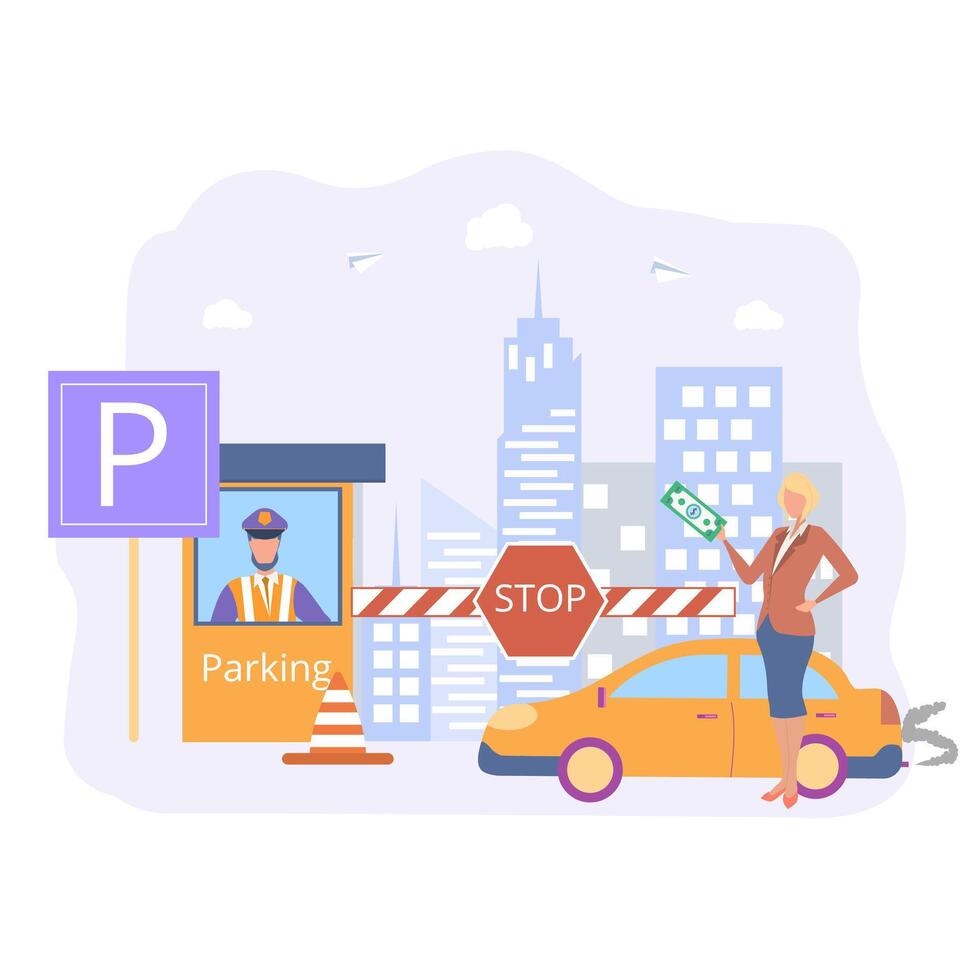 Paid parking in the metropolis, traffic and parking fines, fare, city parking zone, fine notice. Colorful illustration. vector