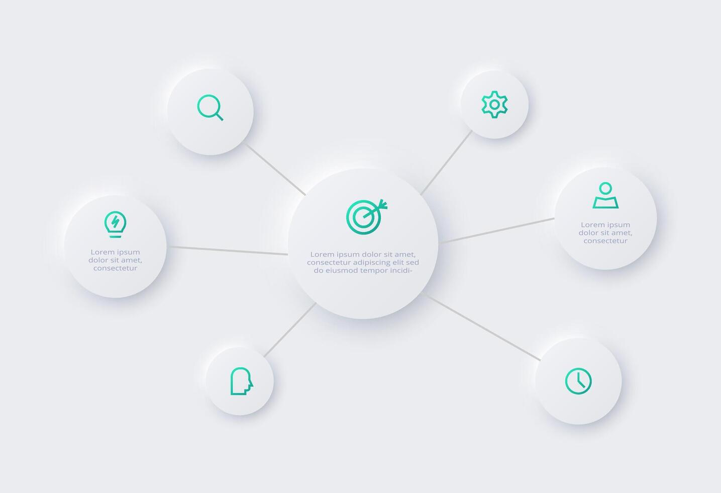 Neumorphic flowchart infographic. Creative concept for infographic with 6 steps, options, parts or processes. Template for diagram, graph, presentation and chart. vector