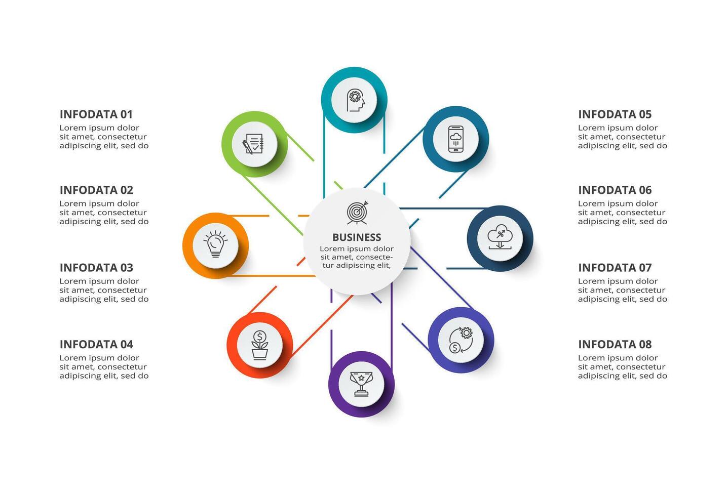 creativo concepto para infografía con 8 pasos, opciones, partes o procesos. negocio datos visualización. vector