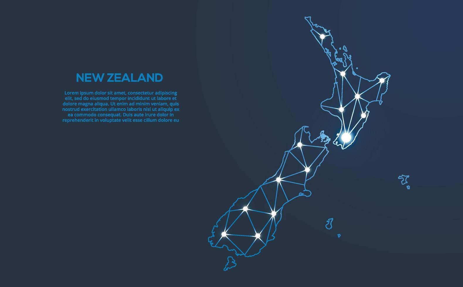 nuevo Zelanda comunicación red mapa. bajo escuela politécnica imagen de un global mapa con luces en el formar de ciudades mapa en el formar de un constelación, mudo y estrellas vector