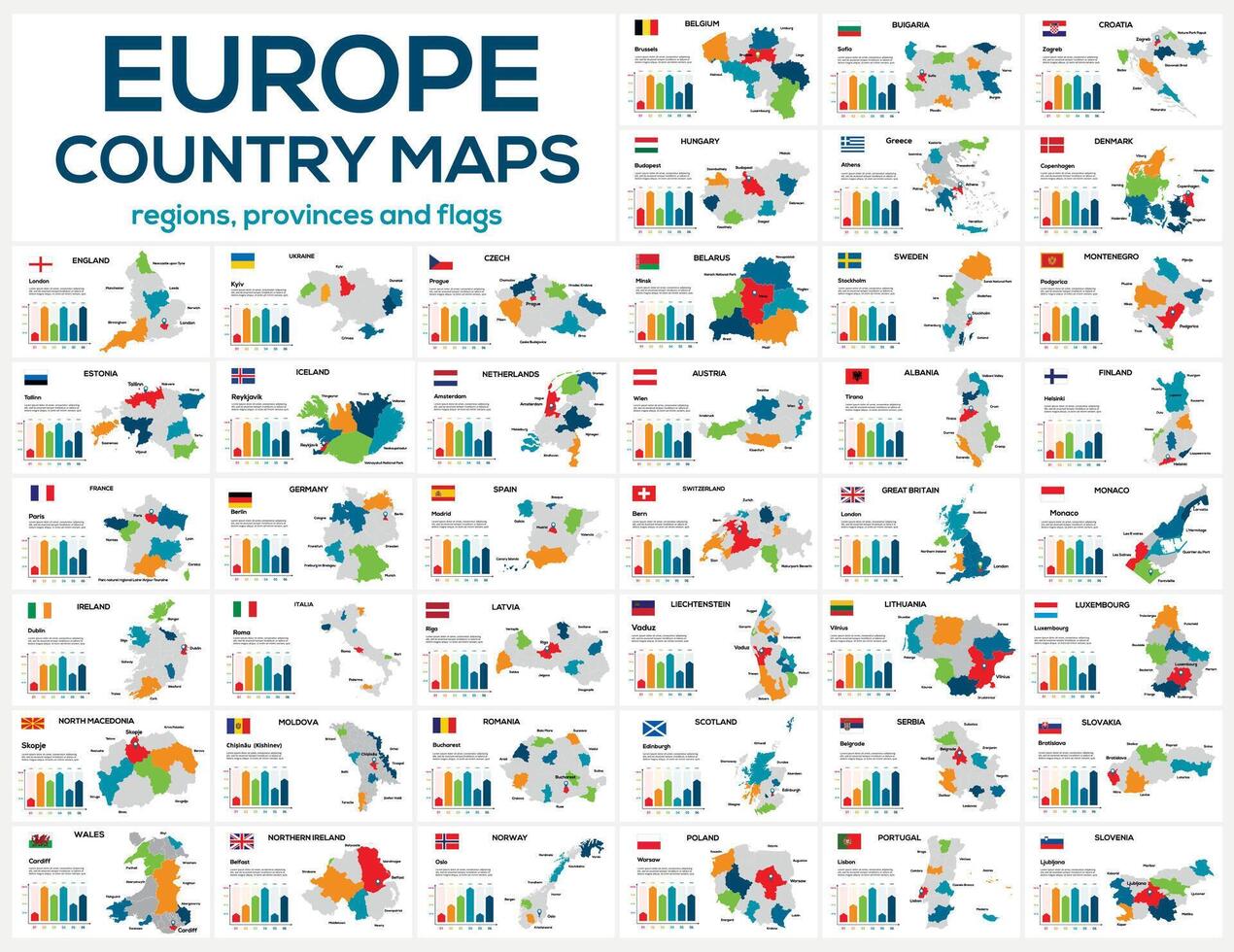 Set of maps of the countries of Europe. Image of global maps in the form of regions regions of Europe countries. Flags of countries. Timeline infographic. Easy to edit vector