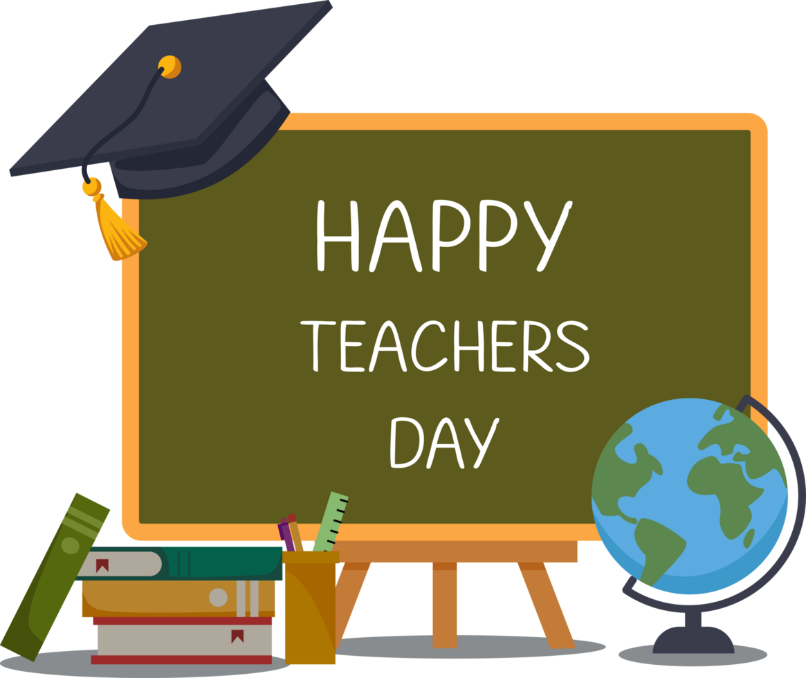 Teachers day illustration with chalkboard and different teaching elements png