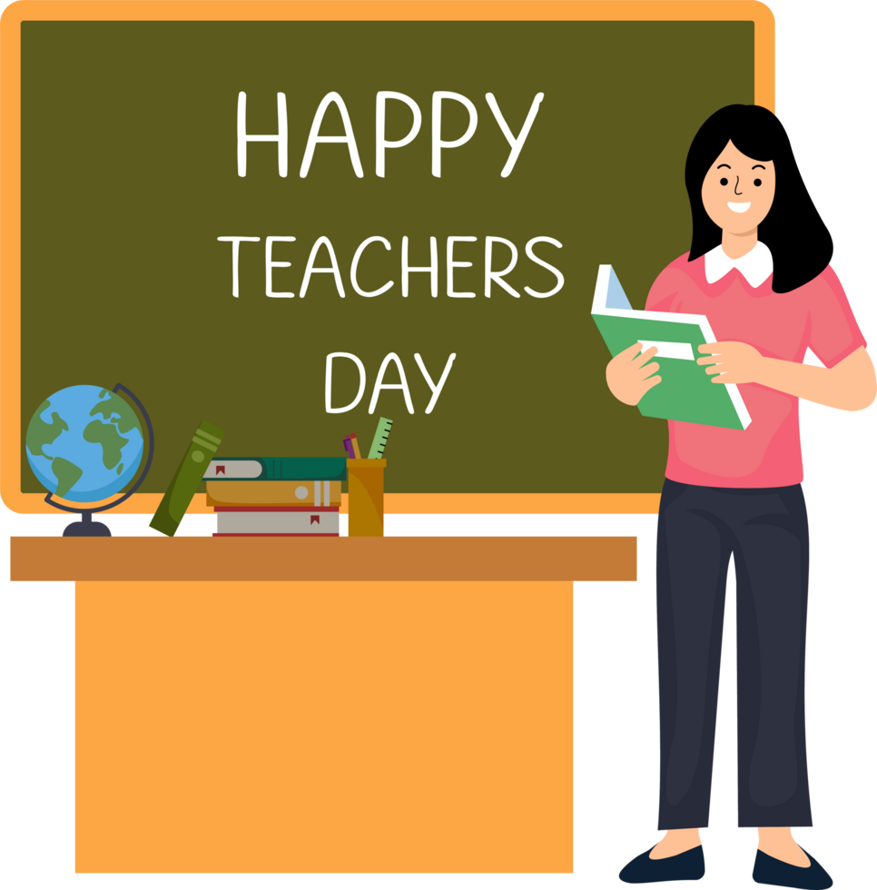 portrait female teacher standing hold book on front a blackboard or poster greeting happy teachers day png