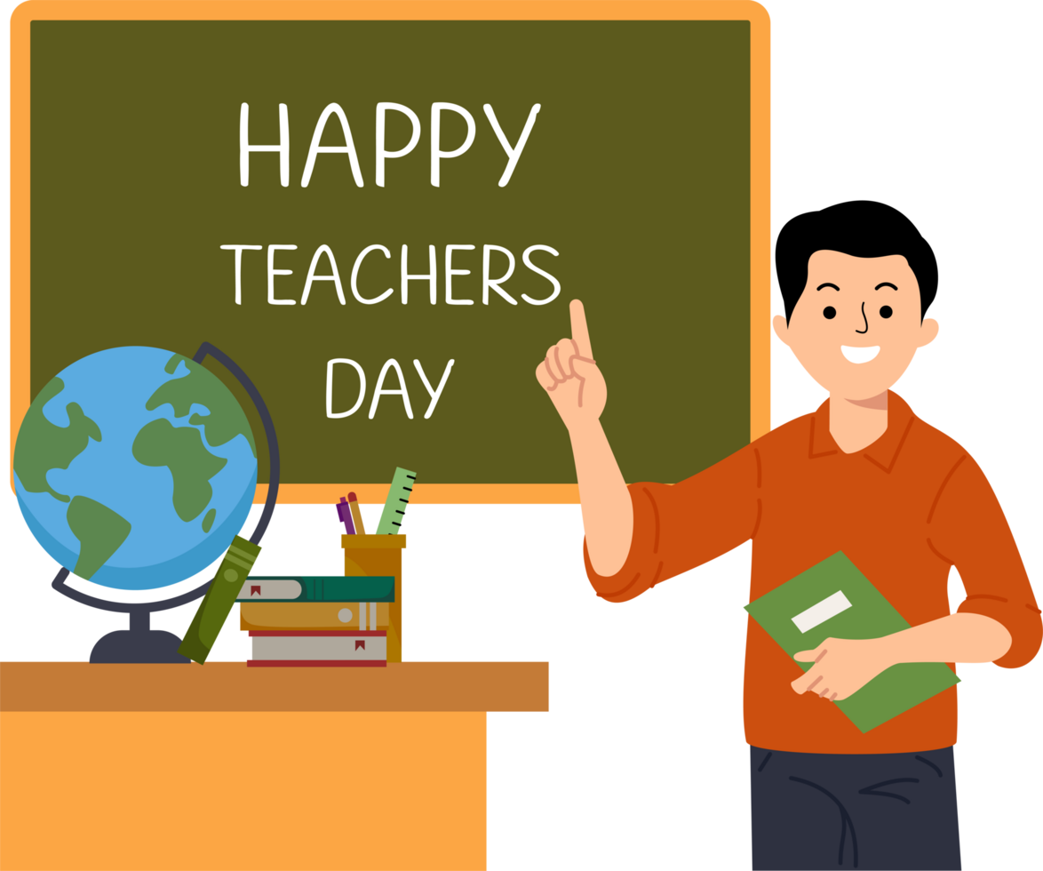 back to school child teachers day illustration with teachers stand pose front on the blackboard png